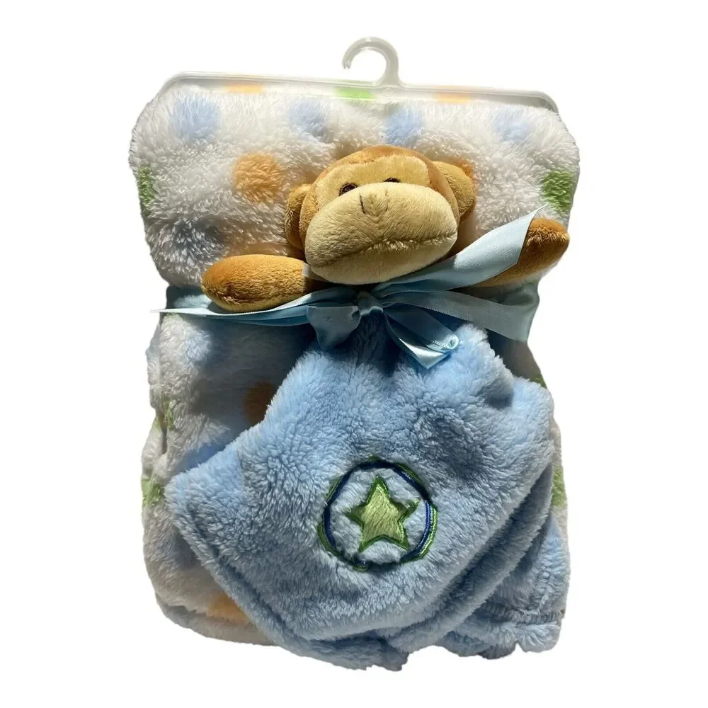 NEW Baby Gear Monkey Lovey Blue Star Polka Dot Blanket Set Orange Green